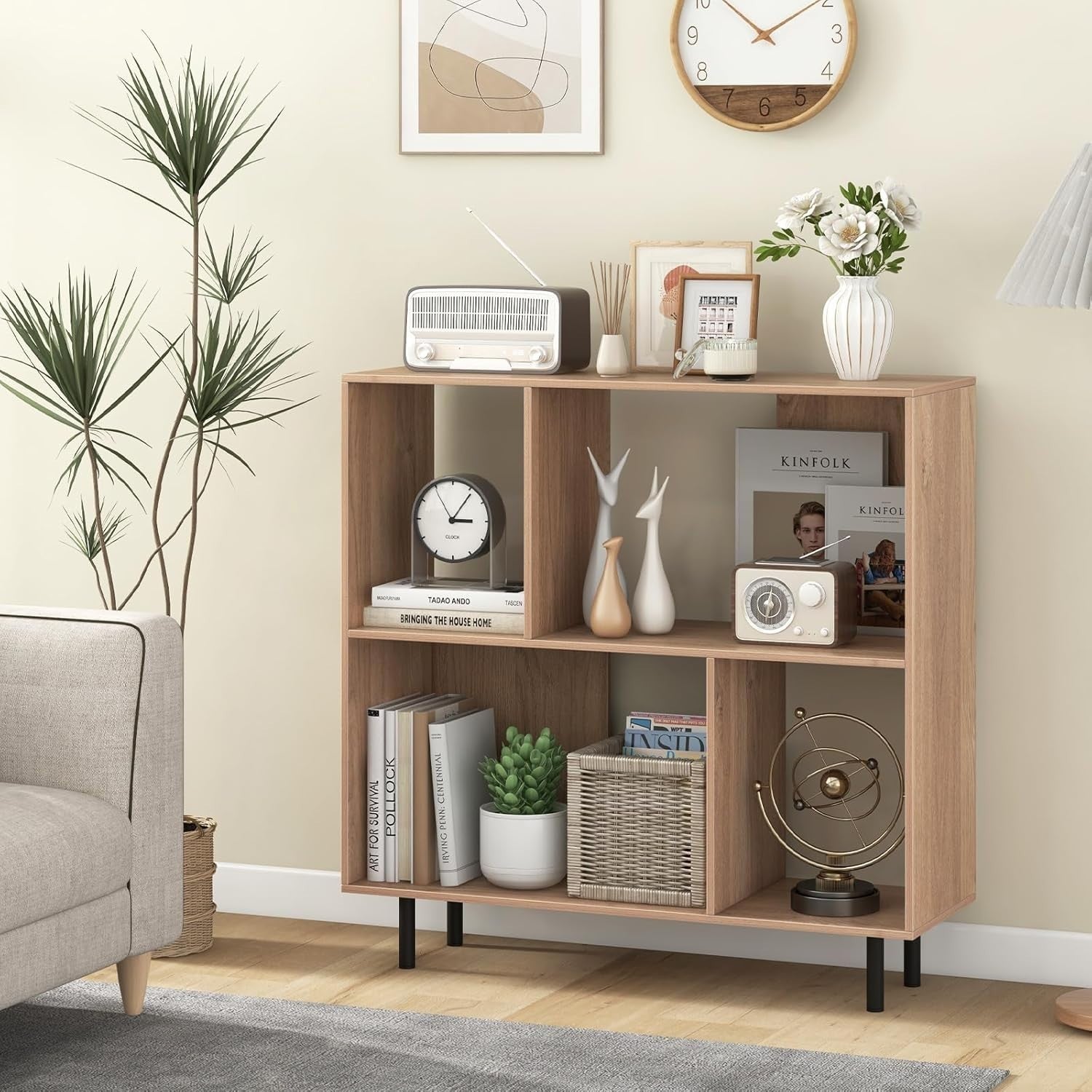 4-Cube Storage Bookcase Wooden Shelves Metal Legs Minimalist 90x30x90cm