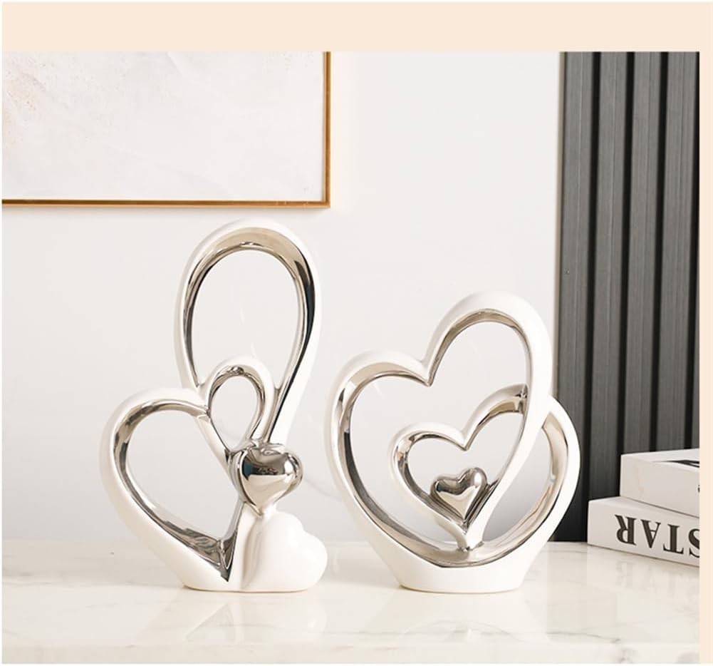Modern White Silver Double Heart Ceramic Sculpture | Luxury Home Decor Gift