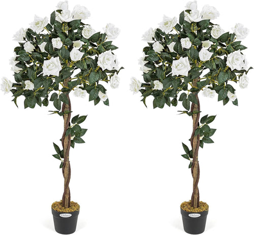 4ft Artificial Cream Rose Trees 2-Pack Twisted Trunk Potted Indoor Outdoor Decor