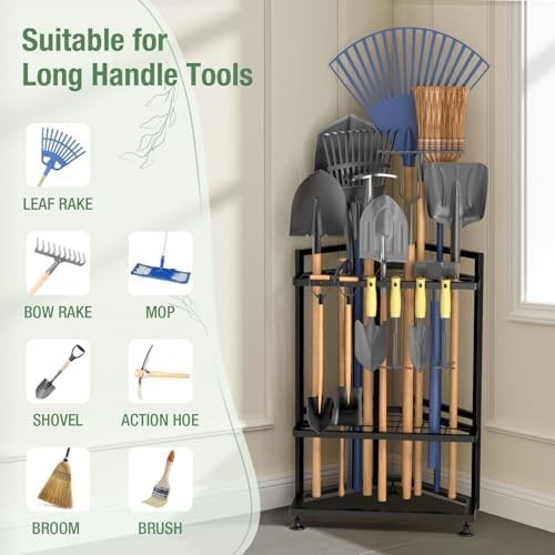 Corner Garden Tool Organizer Metal Rack for Shovels Rakes Brooms Storage