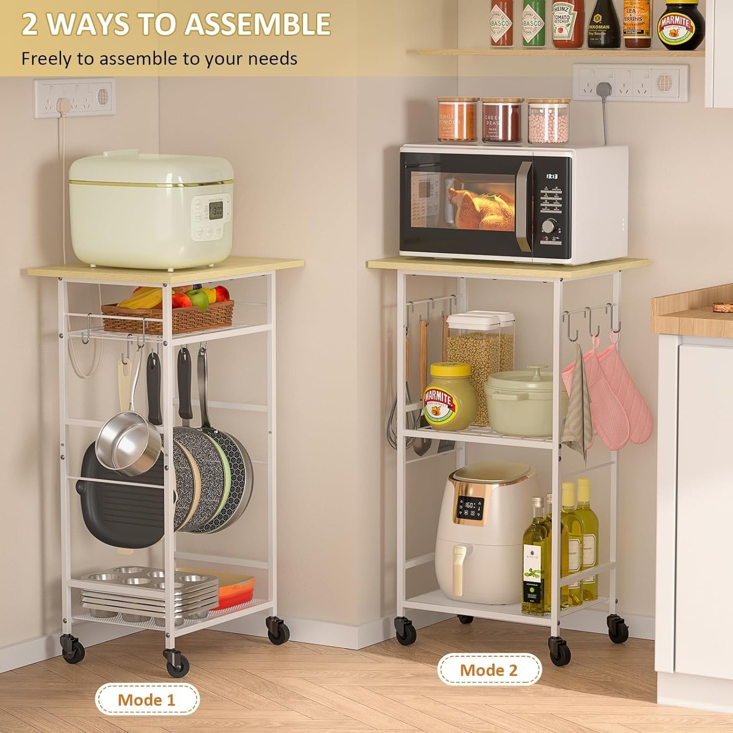 Rolling Microwave Cart 3 Tier Kitchen Storage Trolley Adjustable Wheels