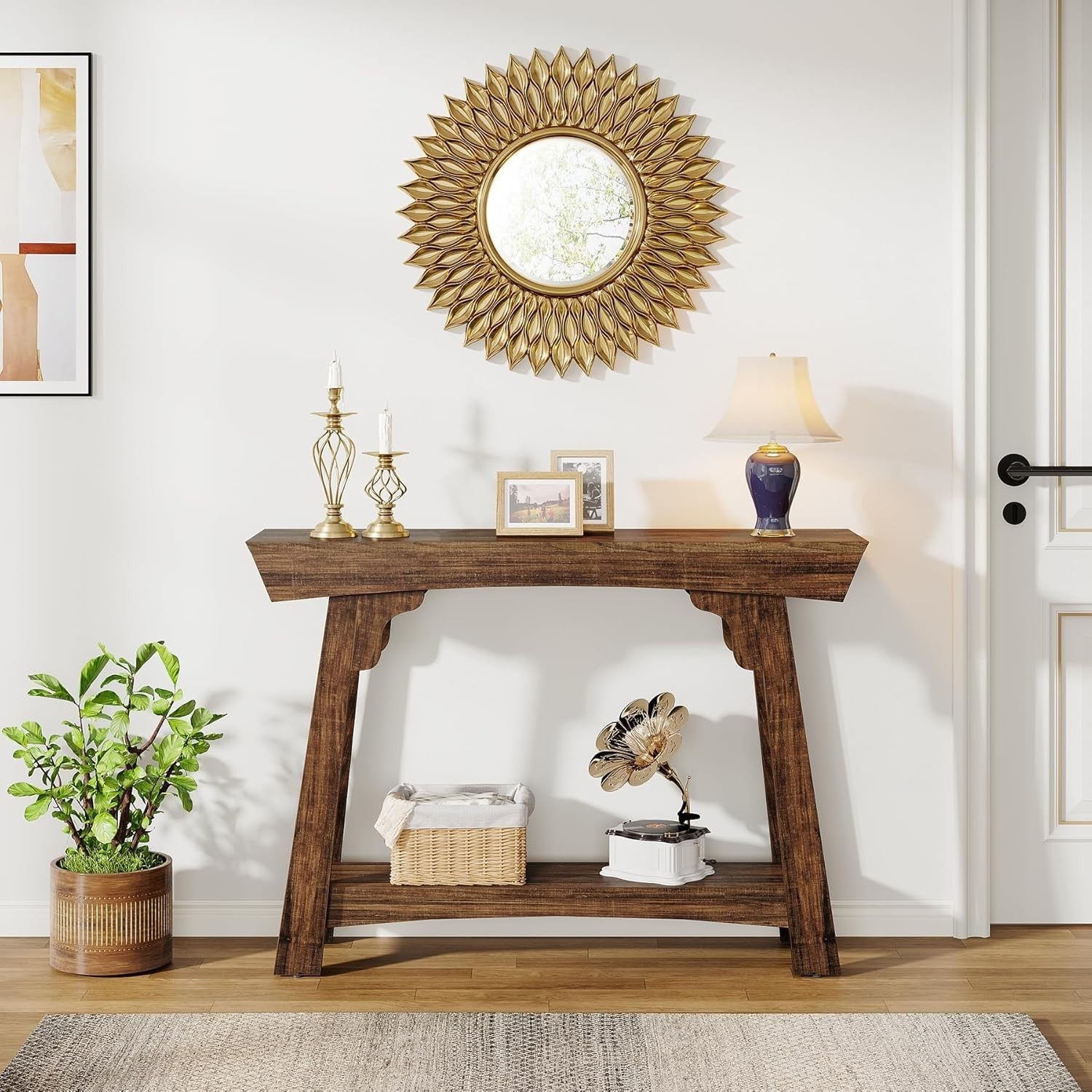 Rustic Brown Console Table 2-Tier Storage Narrow Entryway Shelf