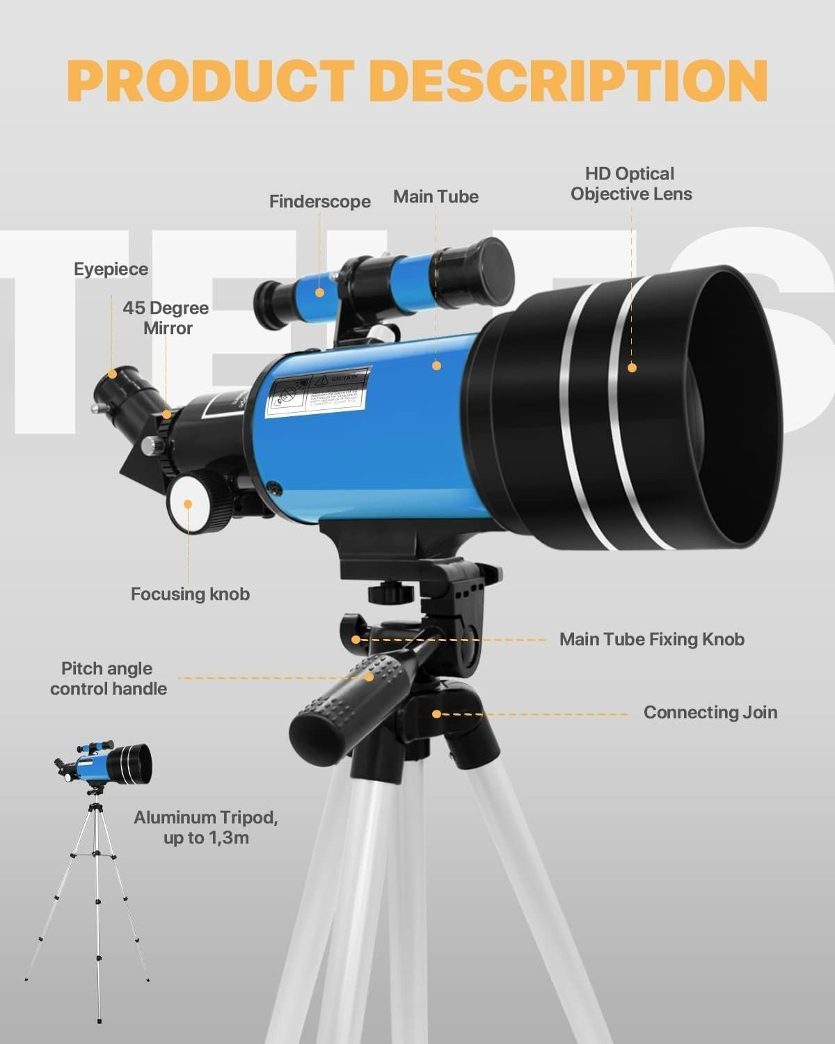 70mm Kids Astronomy Telescope 150x Magnification Tripod Beginner Blue