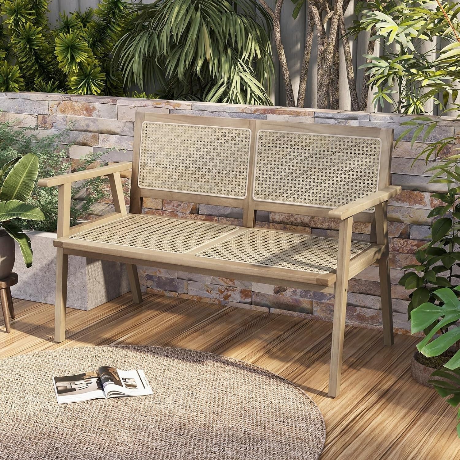 2 Seater Garden Bench with Rattan Seat Natural Wood Patio Love Seat