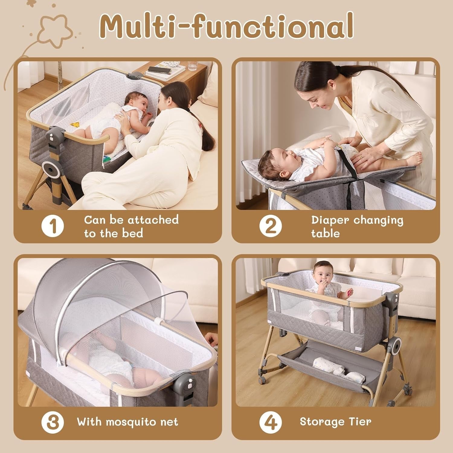 5in1 Baby Bedside Crib Adjustable Height Travel Cot with Mattress & Storage Grey
