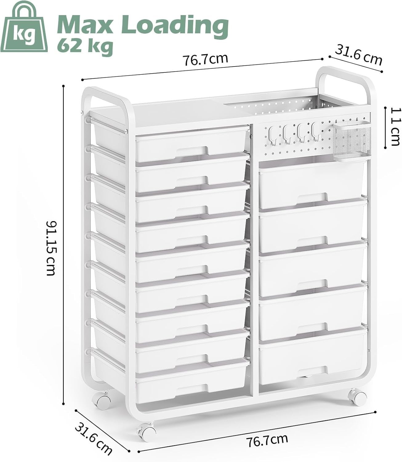 14 Drawer Craft Storage Trolley Cart with Pegboard & Wheels White
