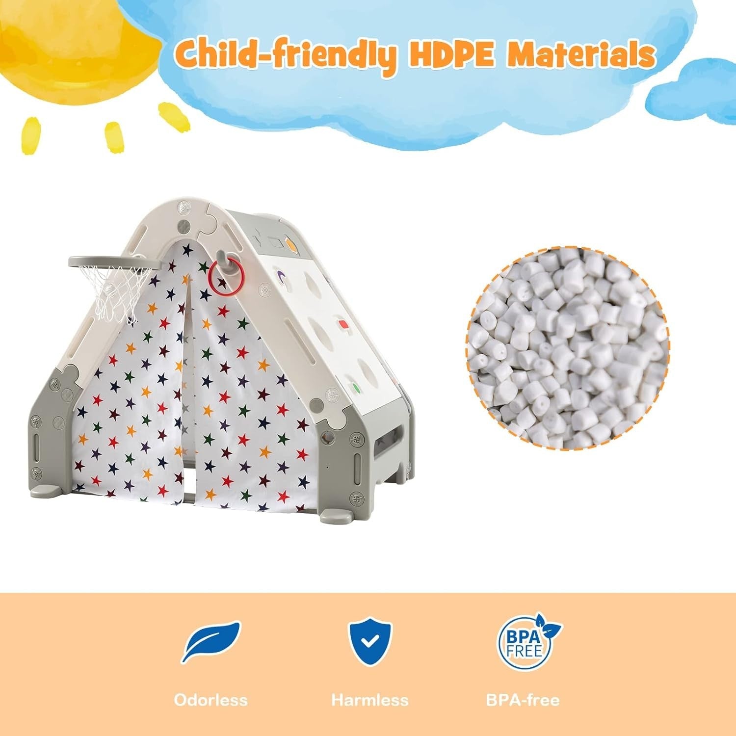 6 in 1 Kids Playhouse Activity Tent w Climbing Wall Hoop Board