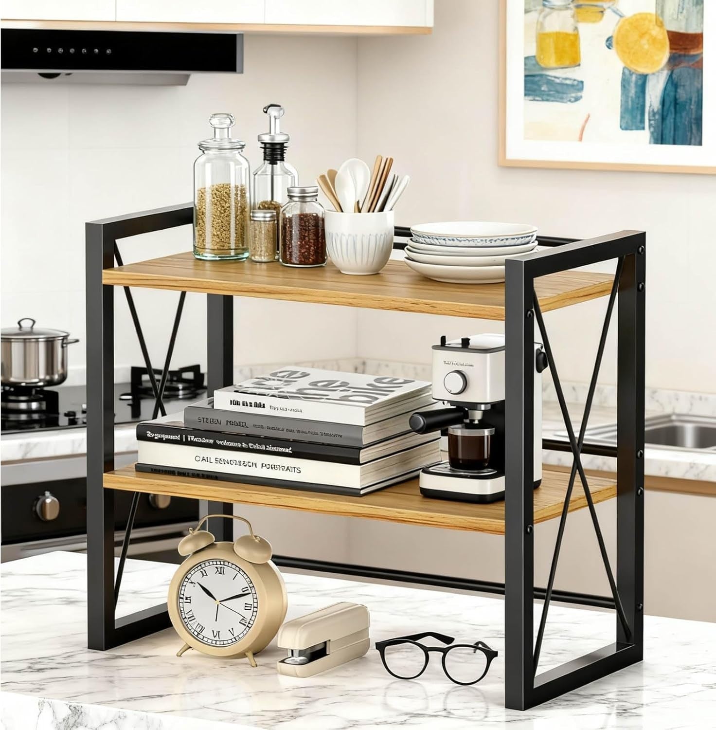 Black Wood Desk Shelf – Decorative Desktop Organizer w/ Hollow Side Panels