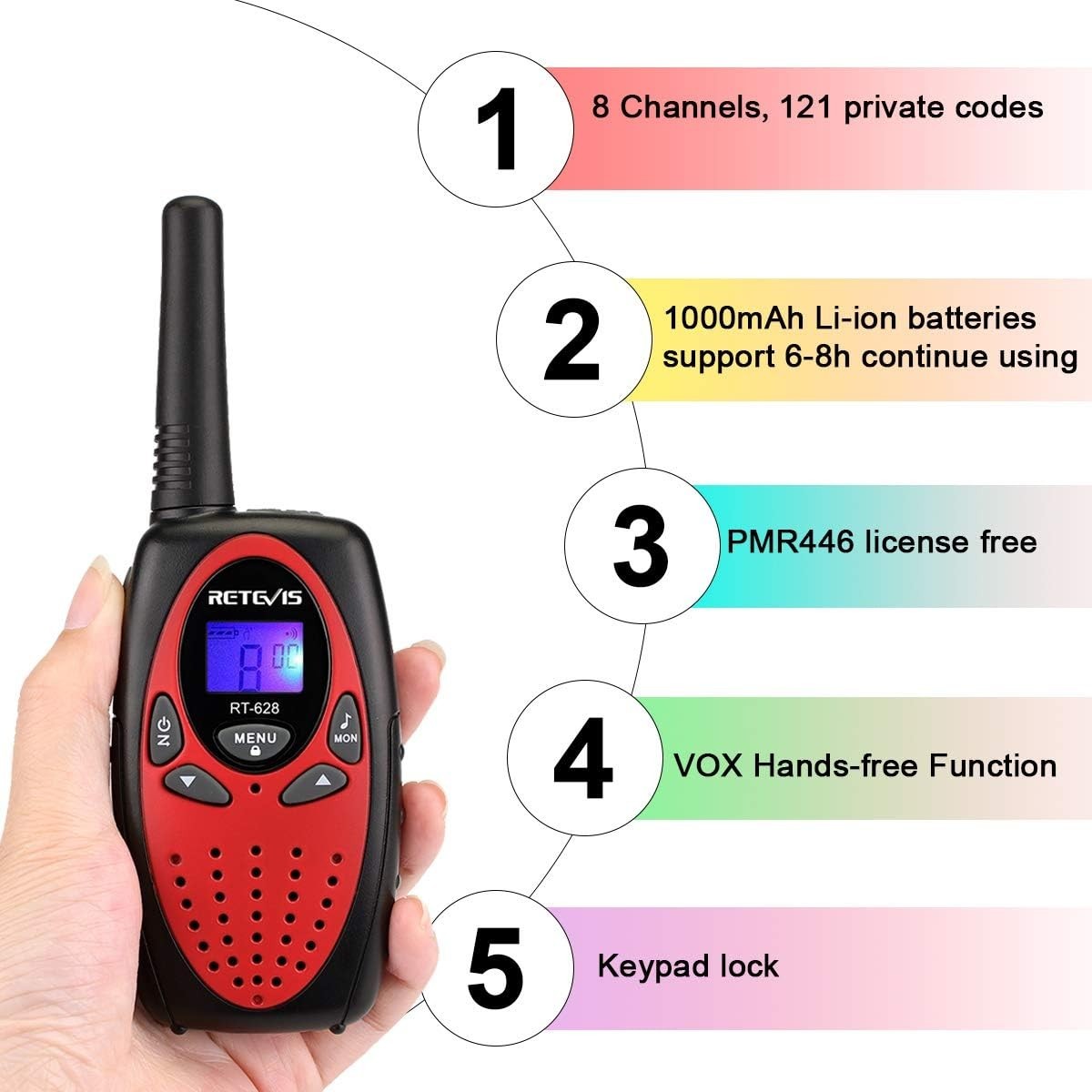 Kids Walkie Talkies Rechargeable 2 Pack VOX 8 Channel Gift Red