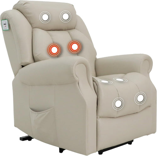 Dual Motor Lift Recliner Chair Heat Massage Leather Riser Mobility Support Cream