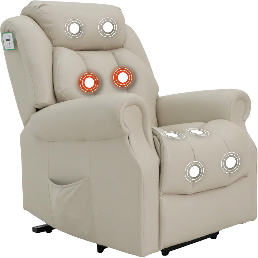 Dual Motor Lift Recliner Chair Heat Massage Leather Riser Mobility Support Cream