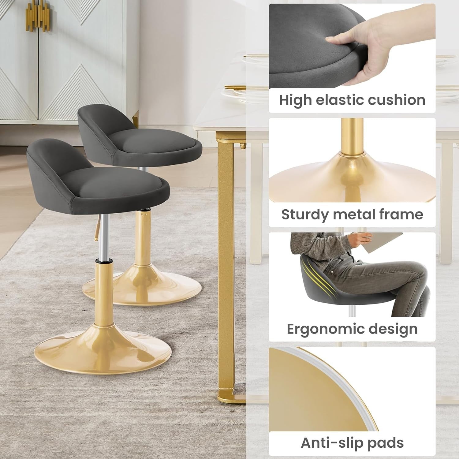 Dark Grey Velvet Swivel Stool Height Adjustable Round Chair Gold Base