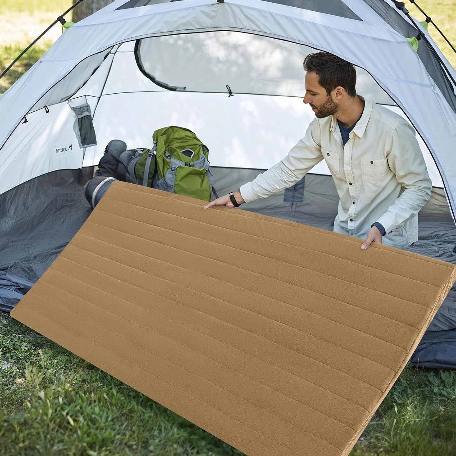 Double Floor Mattress Roll Up Futon Foam Bed Travel Guest Mat Brown