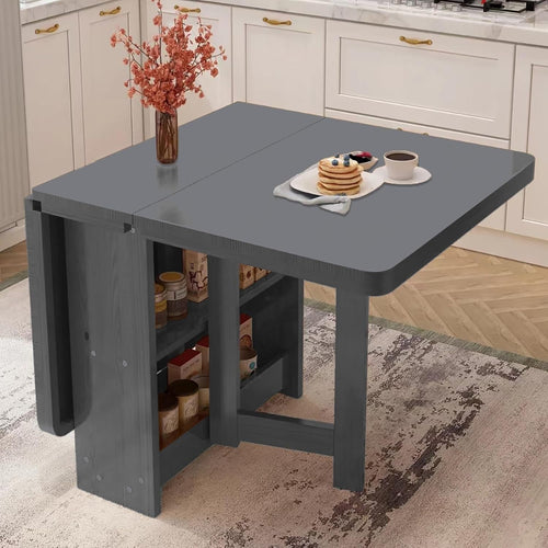 Foldable Drop Leaf Kitchen Table with Storage Rack Solid Wood Space Saving