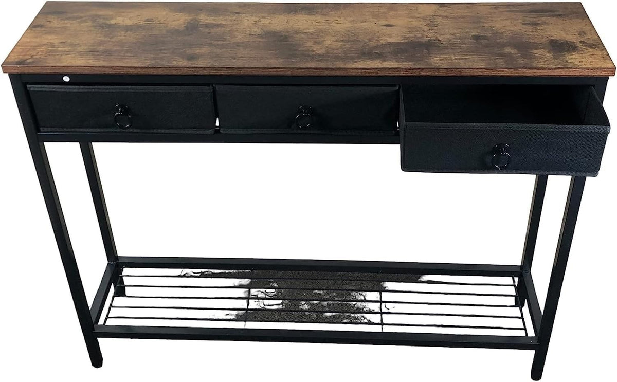 Slim Industrial Console Table with Storage, 3 Drawers & Shelf, Rustic Brown
