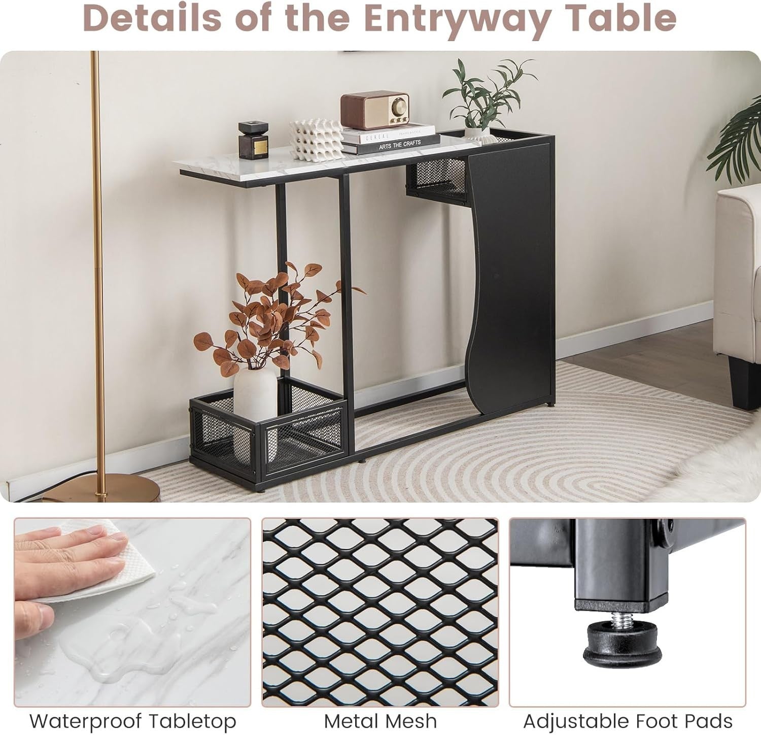 Modern Faux Marble Console Table with Storage Mesh Cubes, Slim Design