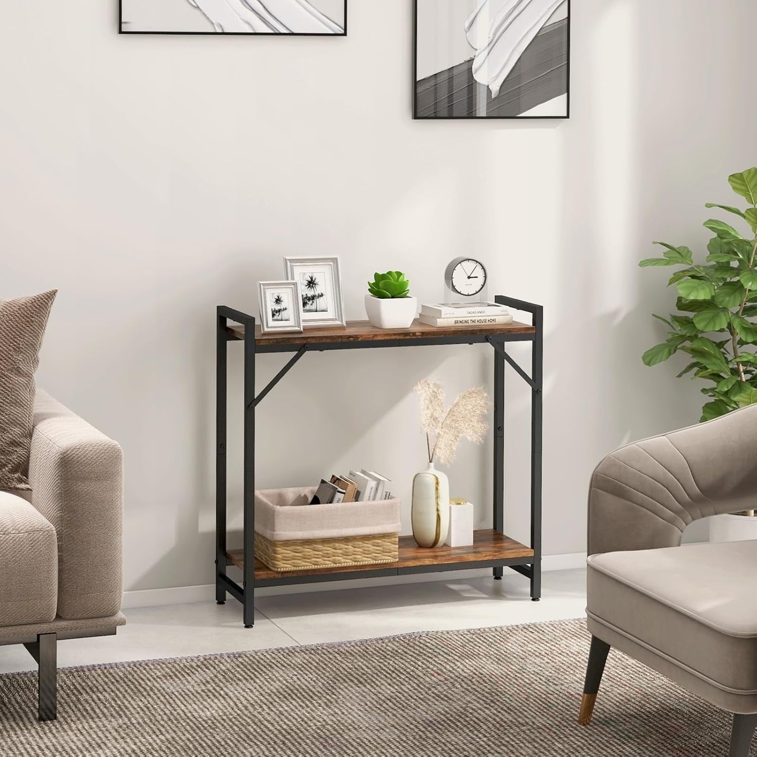 Narrow Console Table with Adjustable Shelves, Rustic Wood, Sturdy Metal Frame