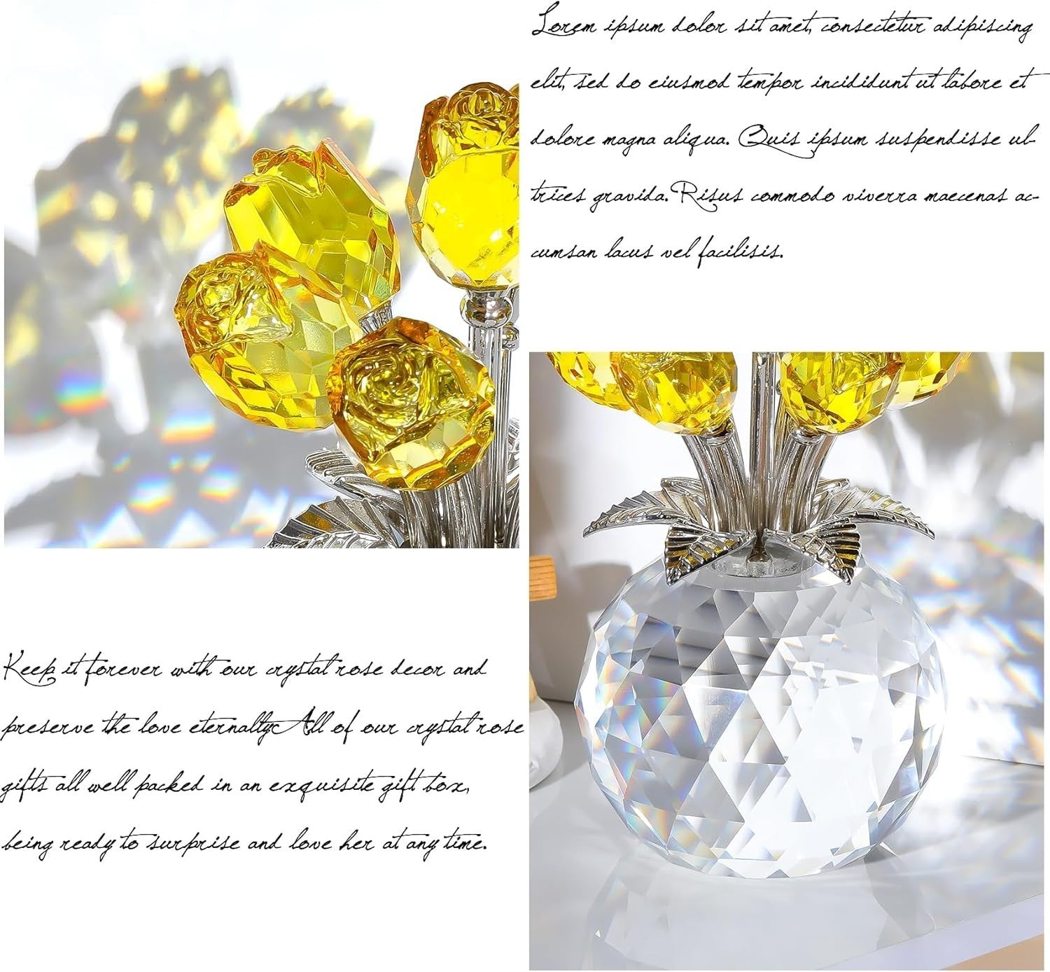 Yellow Crystal Rose Bouquet Ornament Gift for Mum Women Birthday Valentine Decor