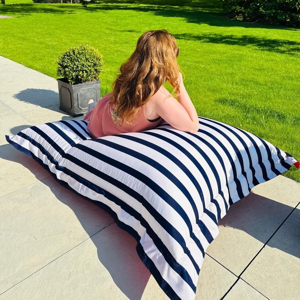 Navy Striped Giant Outdoor Bean Bag Chair Cushion Water Resistant Lounger