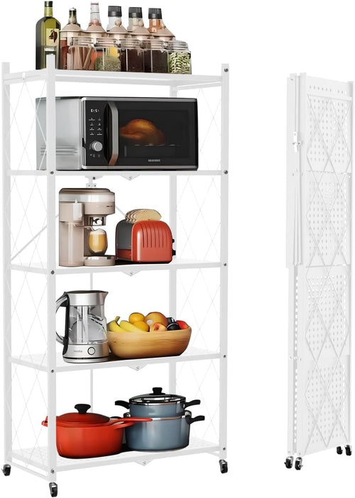 5 Tier Kitchen Storage Rack on Wheels Folding Rolling Pantry Shelf Unit