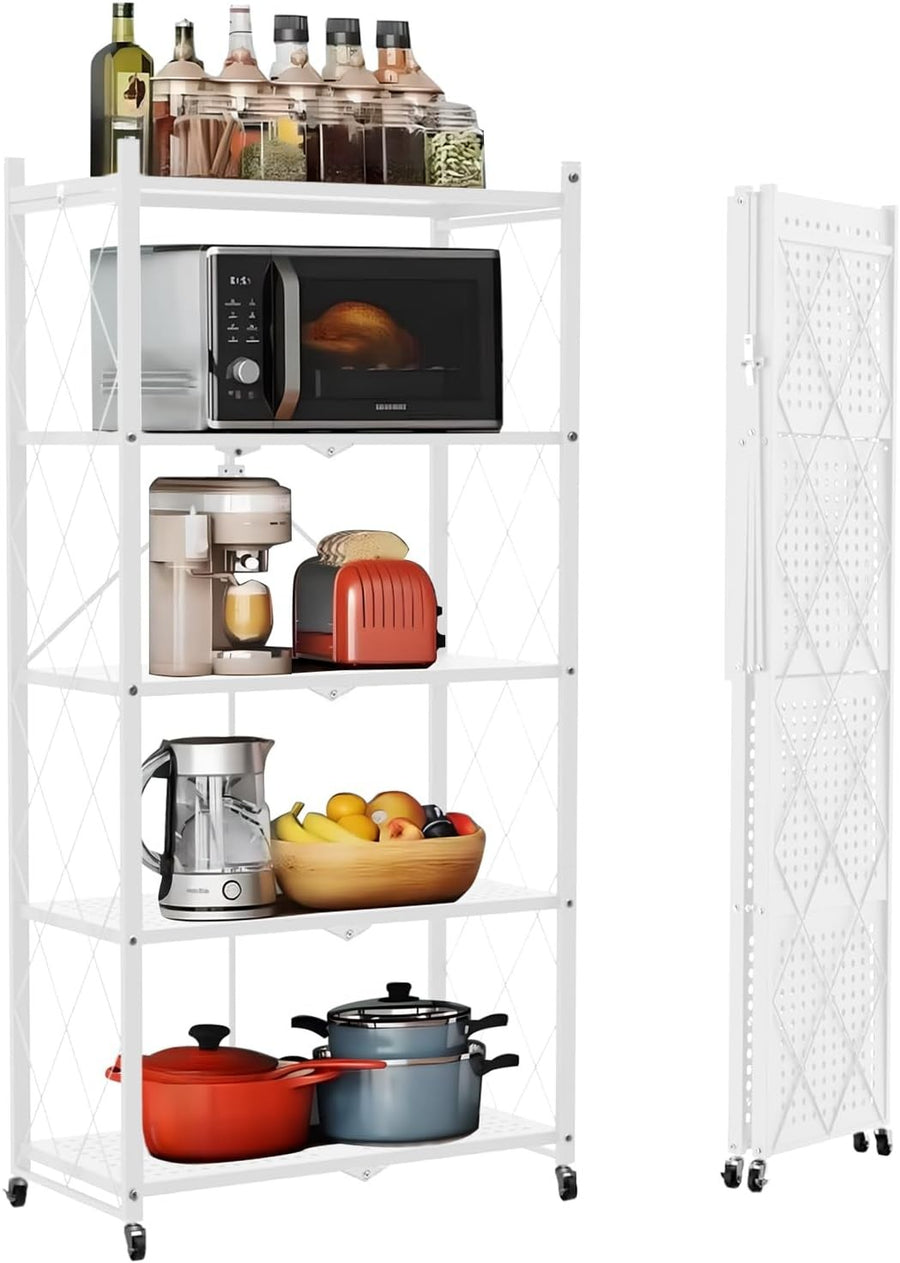 5 Tier Kitchen Storage Rack on Wheels Folding Rolling Pantry Shelf Unit