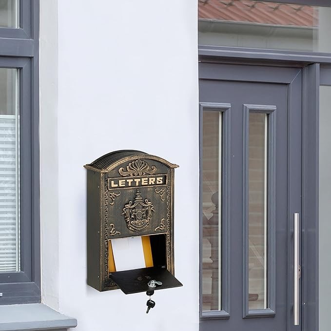 Vintage Wall Mounted Mailbox Lockable A4 Slot Iron Aluminium Black Gold