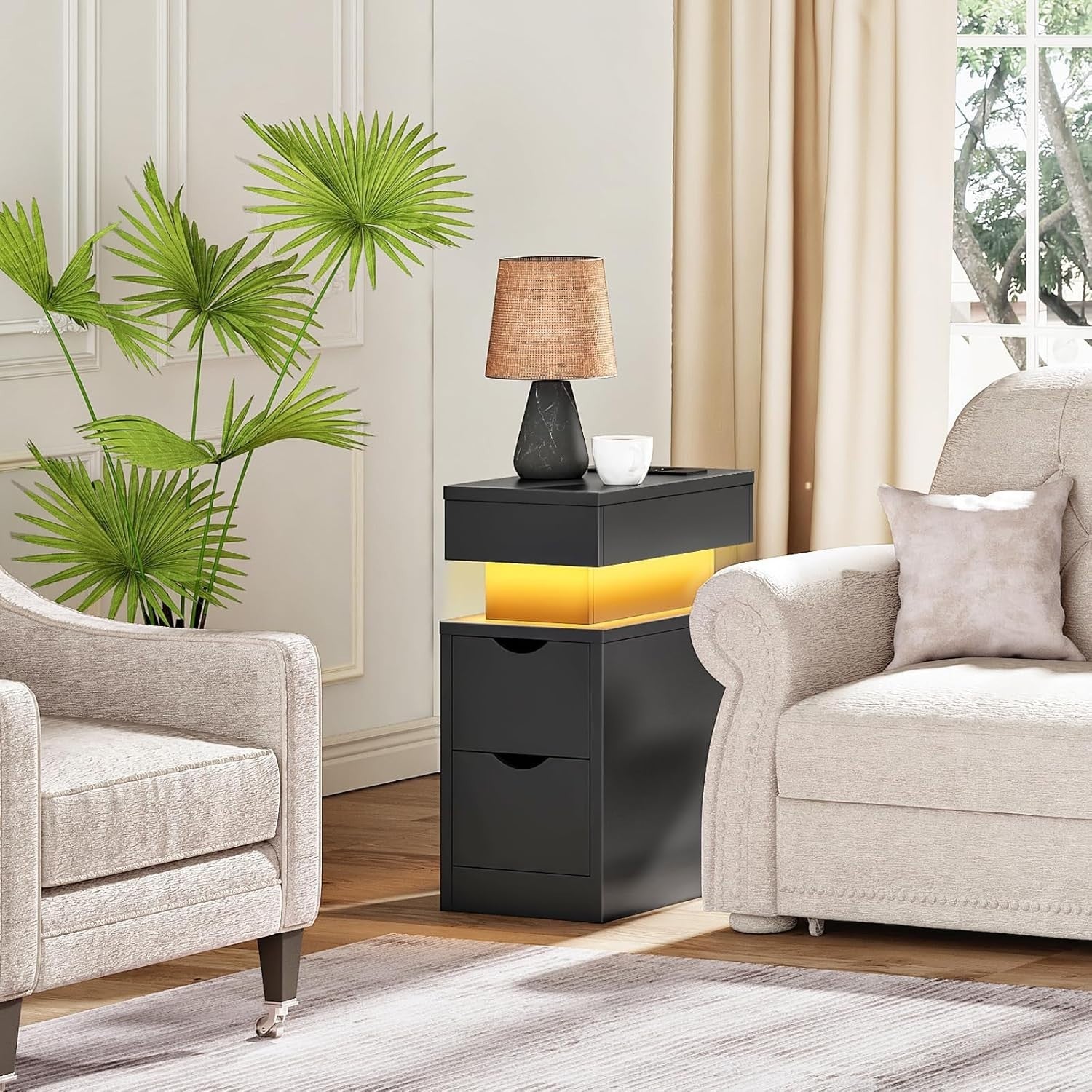 Modern Black LED Bedside Table with Charging Station & 2 Drawers