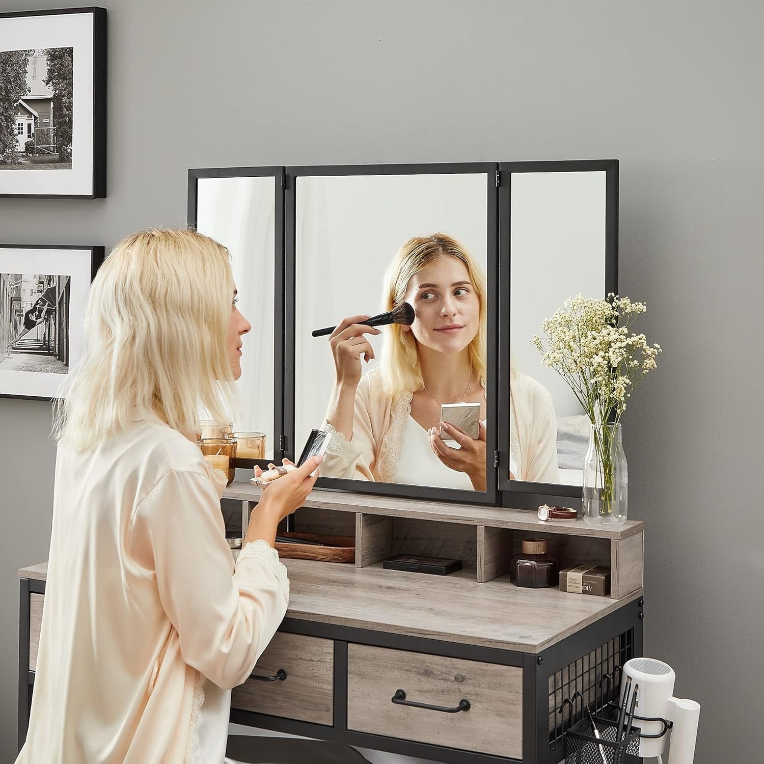 Vanity Dressing Table Set w/ Tri-Fold Mirror, 3 Drawers, Stool, Storage Rustic B