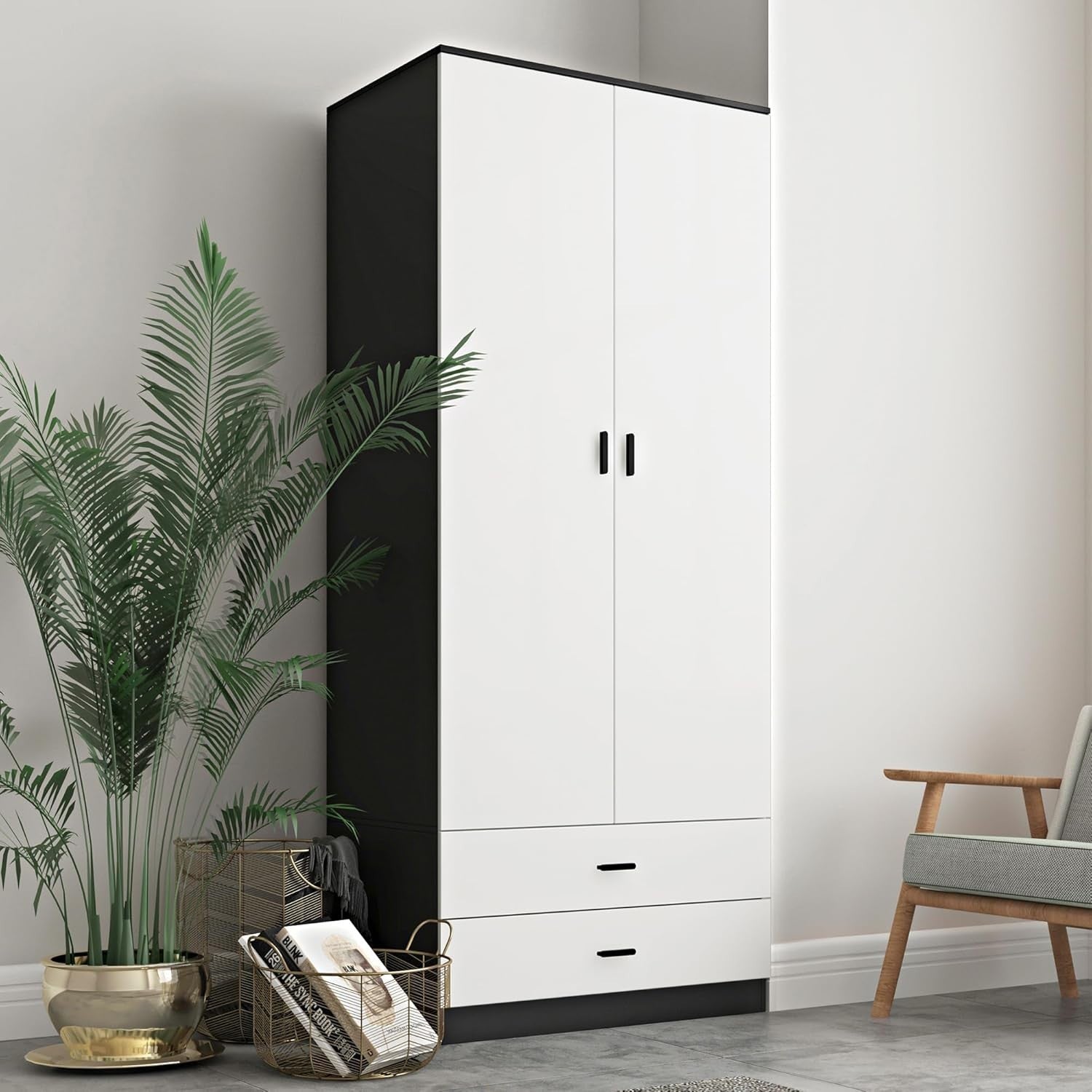 Modern White Black Wardrobe 2 Door 2 Drawer Rail Slim Bedroom Storage
