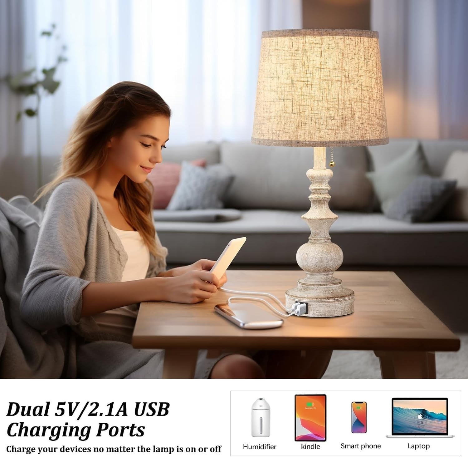 Rustic Farmhouse Table Lamps with USB Ports Set of 2 26cm Perfect Light0