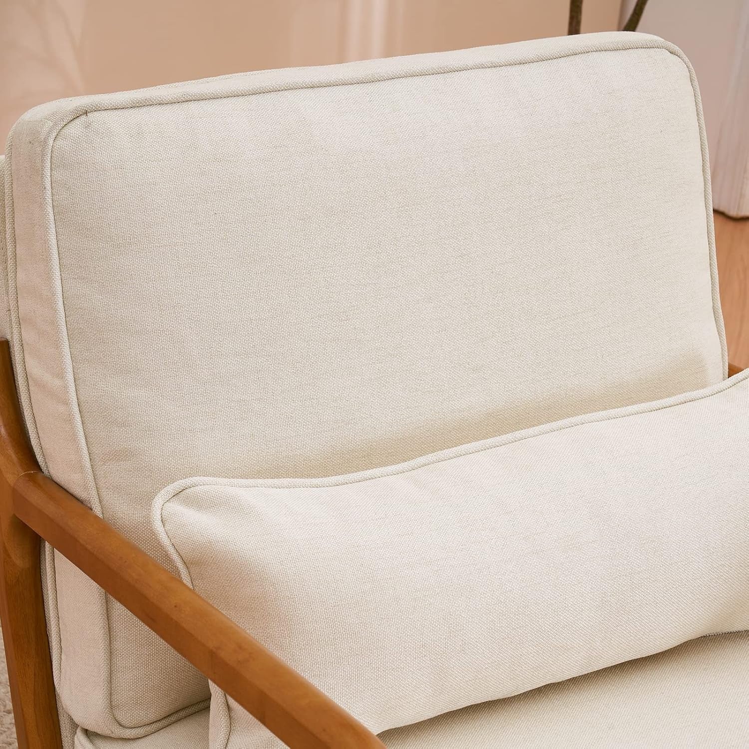 Beige Fabric Accent Armchair Solid Wood Lounge Chair w Cushion