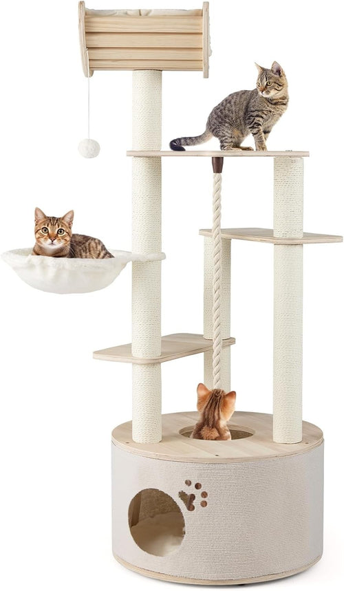 141cm Wooden Cat Tree Tower with Condo Scratching Posts Hammock Indoor