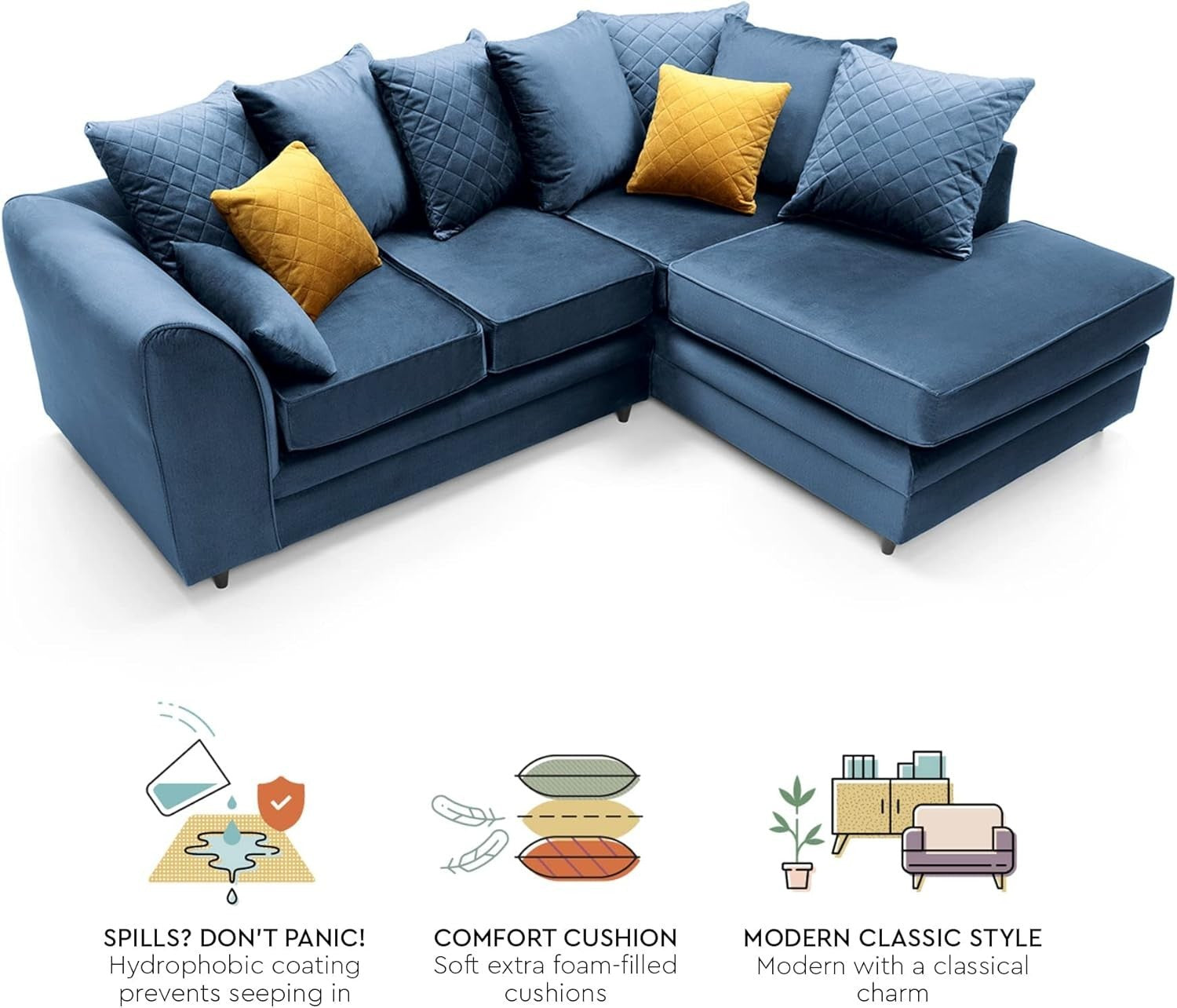 Dark Blue Velvet L-Shaped Corner Sofa Water-Repellent 3 Seater Right Hand