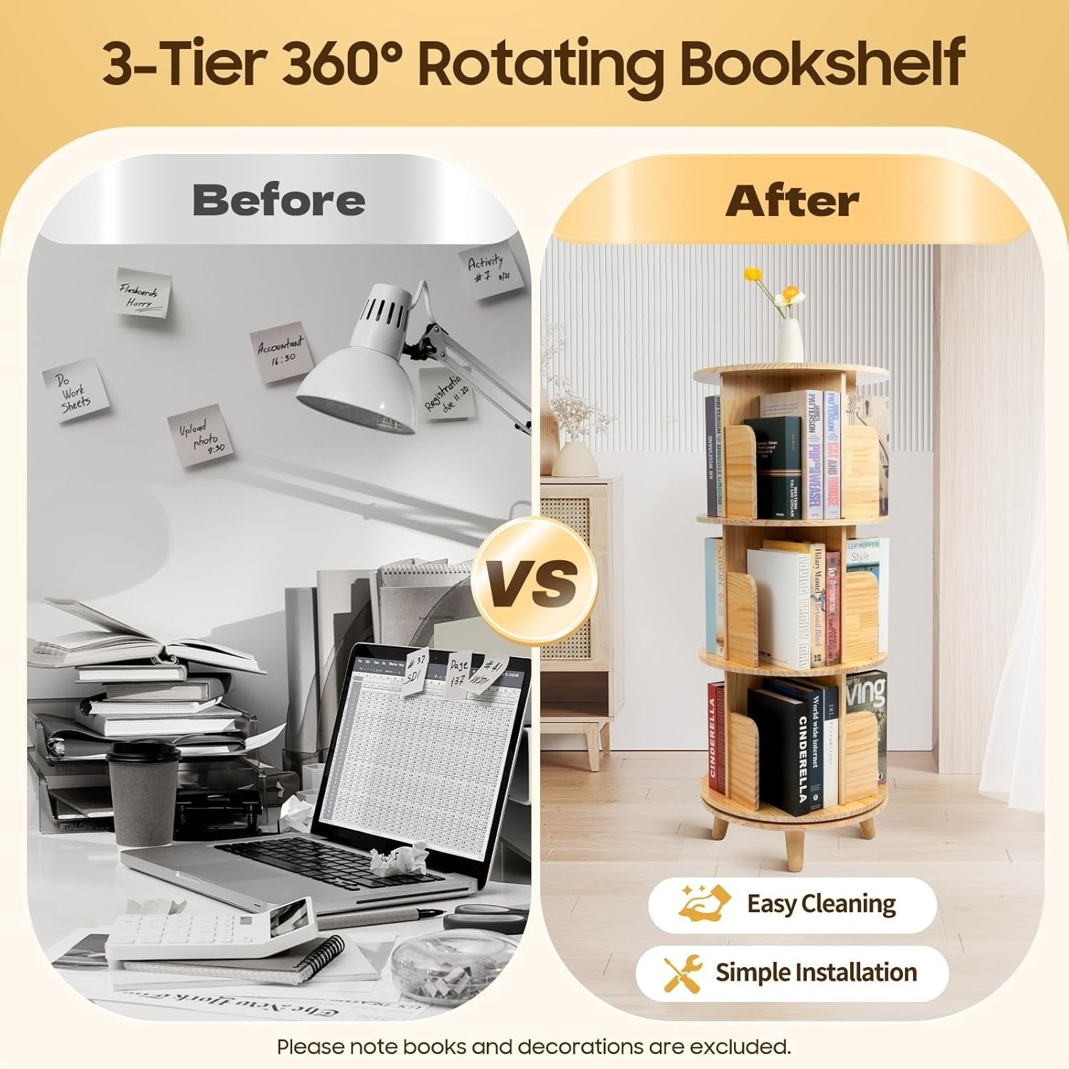 3 Tier Rotating Bamboo Bookshelf Tower | 360° Display Organizer 111cm