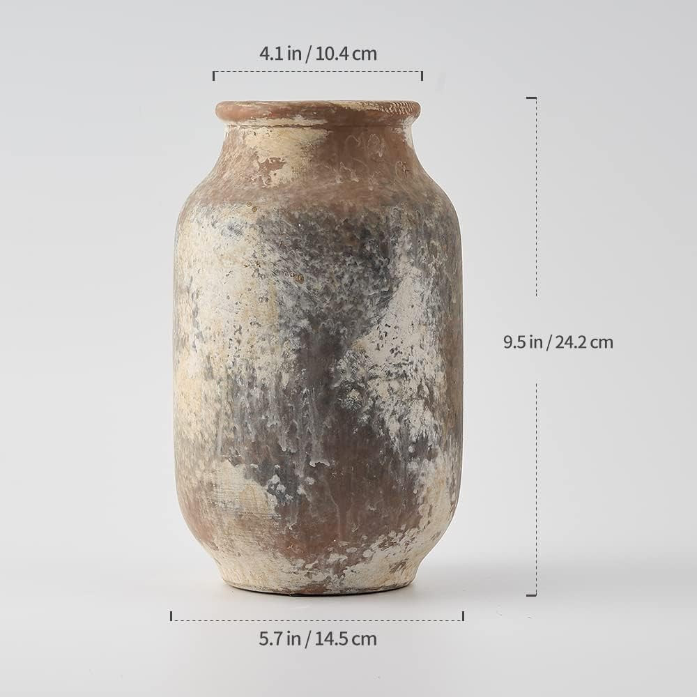 Rustic Ceramic Flower Vase 9.5in Whitewashed Terracotta Farmhouse Décor