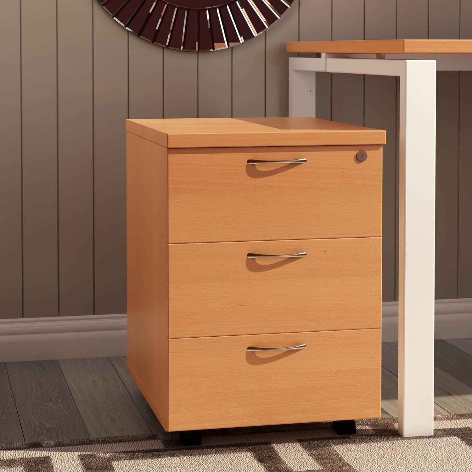 Lockable 3 Drawer Mobile Filing Cabinet Pedestal Office Storage Beech