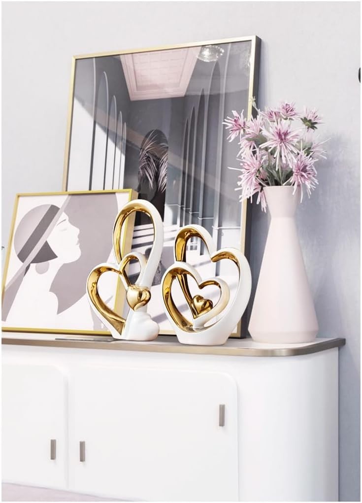 White Gold Double Heart Ceramic Sculpture Modern Luxury Home Decor Gift Ornament