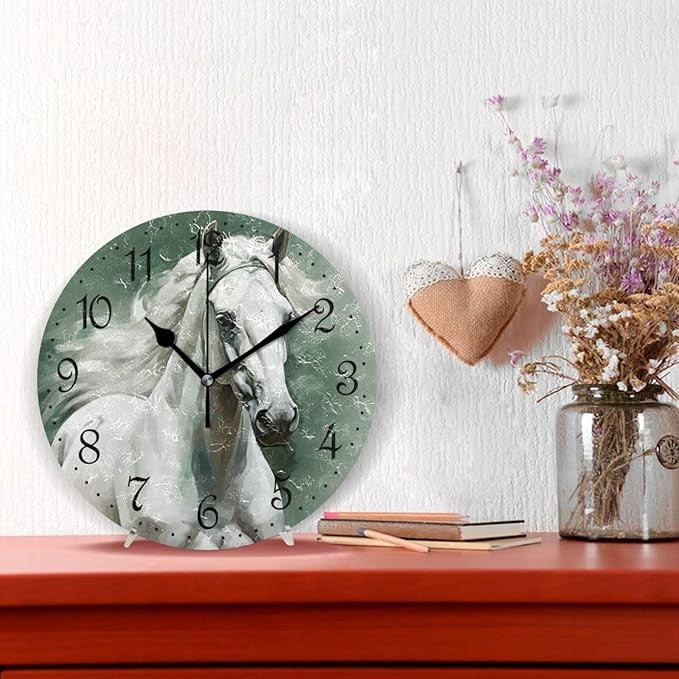 White Horse Wall Clock 25cm Rustic Animal Art Silent Non-Ticking Home Decor