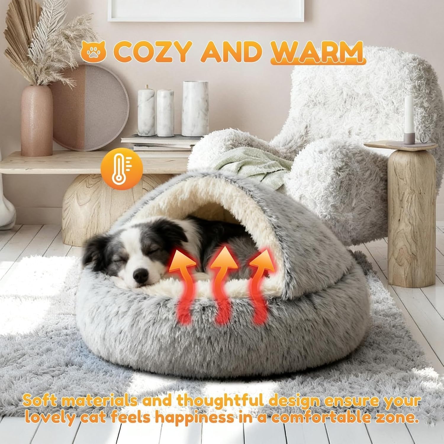 Large Calming Dog Cave Bed 80cm Hooded Washable Anti Anxiety