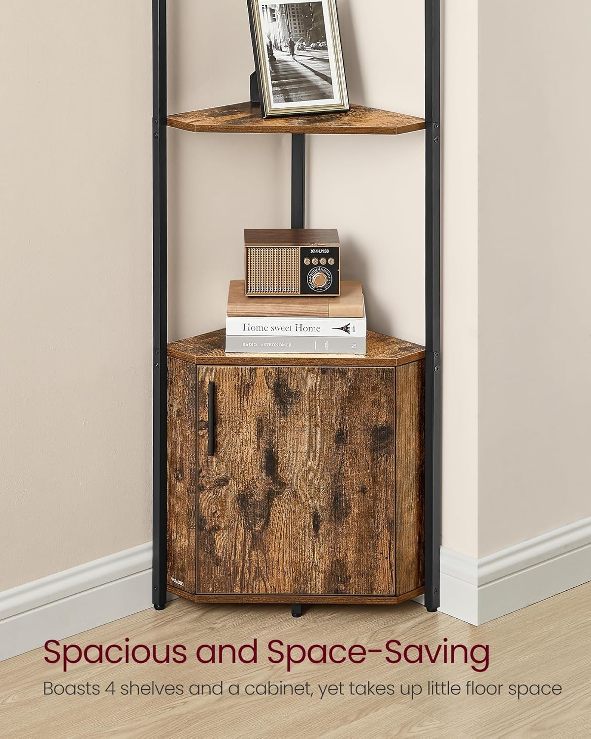 5-Tier Corner Shelf with Storage Cabinet Space-Saving Modern Display Unit Rustic