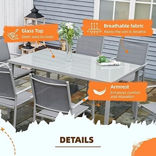 7-Piece Outdoor Garden Dining Set Table & 6 Stackable Chairs Grey