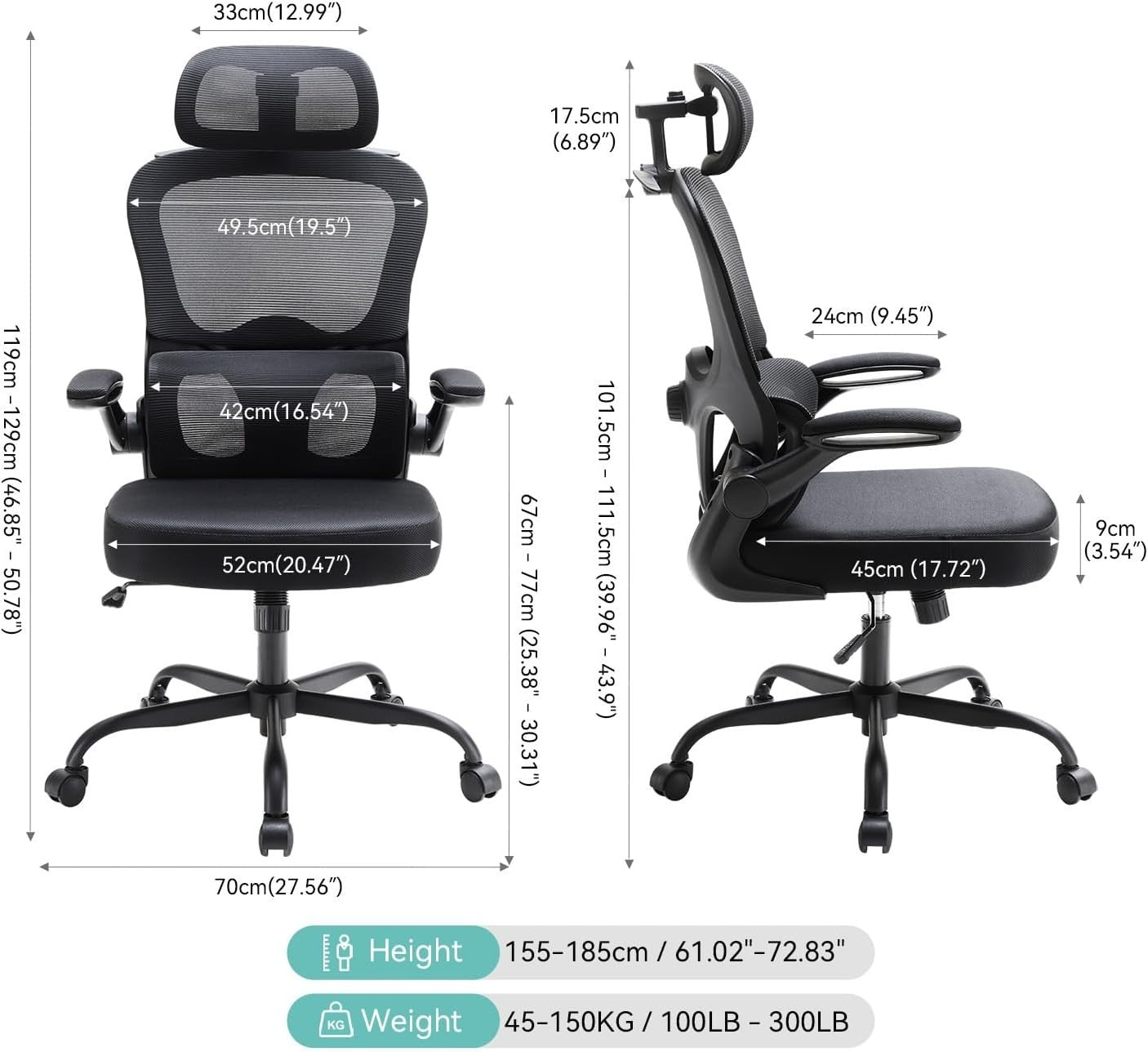 Ergonomic Office Chair Large Mesh Back Adjustable Lumbar Headrest 300lbs Black