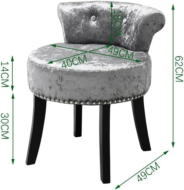 Silver Grey Velvet Vanity Stool with Tufted Back & Solid Wood Legs