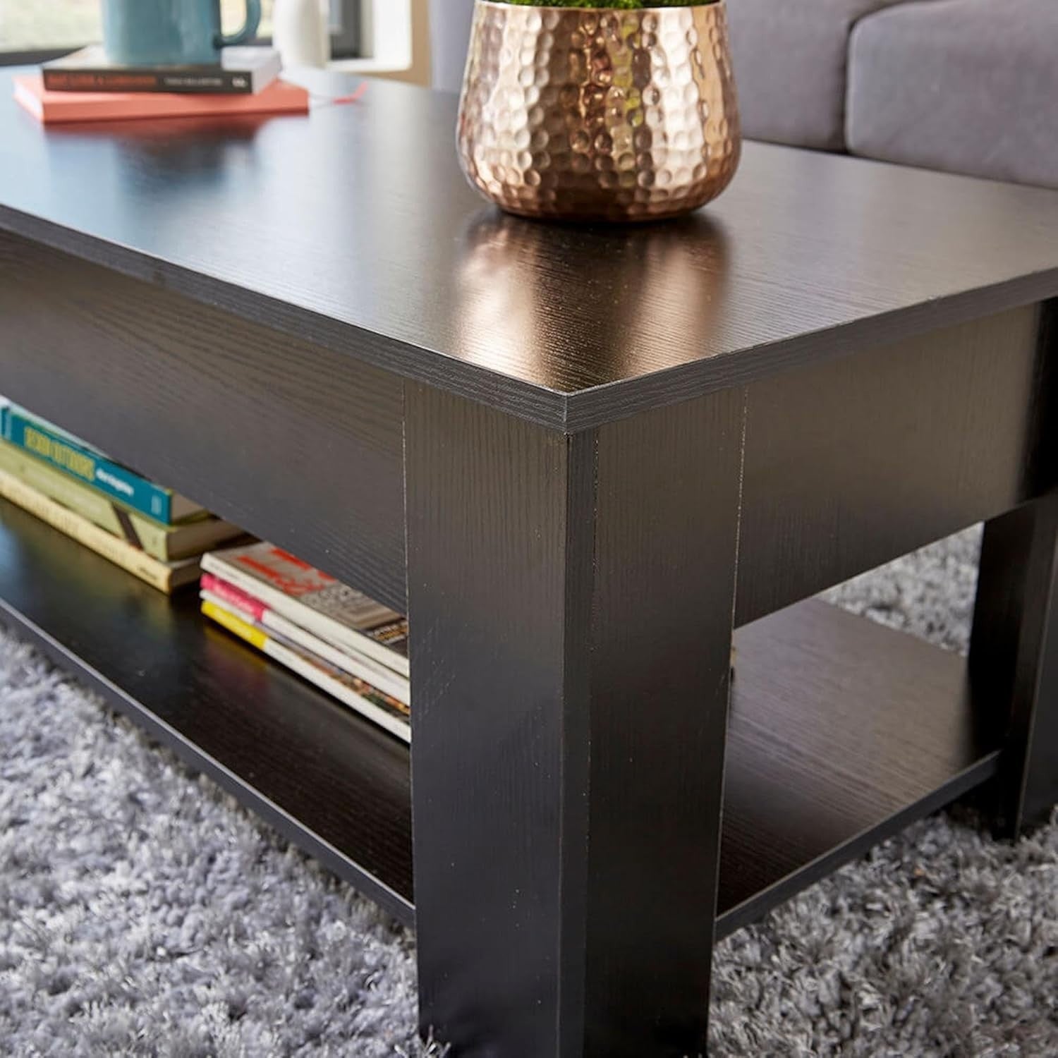 Lift Top Black Coffee Table 100x50cm with Hidden Storage & Magazine Shelf