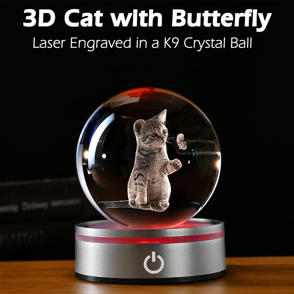 3D Cat Crystal Ball LED Light • Engraved Kitten with Butterfly Ornament
