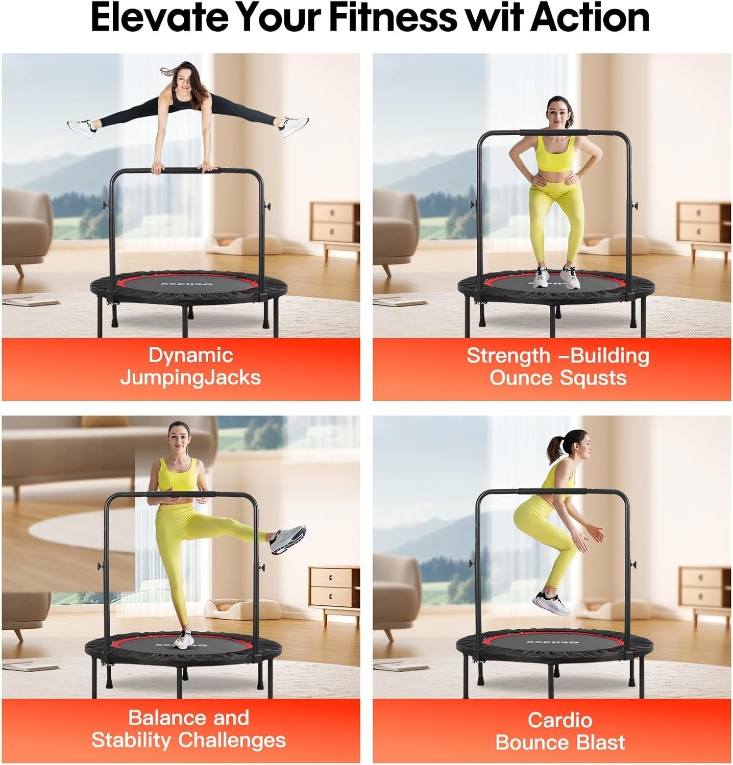 40'' Fitness Trampoline Foldable Rebounder Adjustable Handle Indoor Workout
