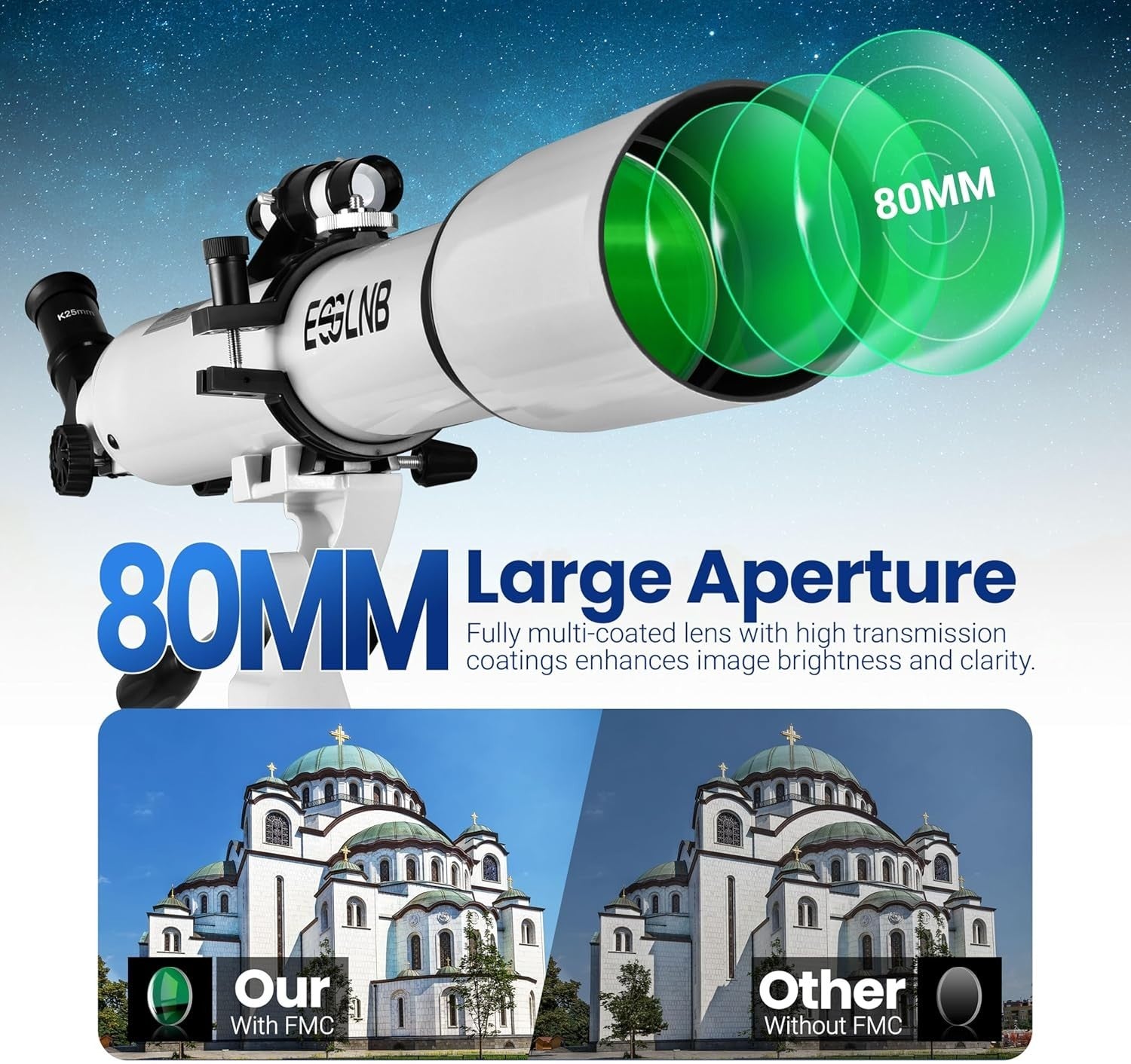 80mm Telescope for Astronomy with Smartphone Adapter & Adjustable Tripod