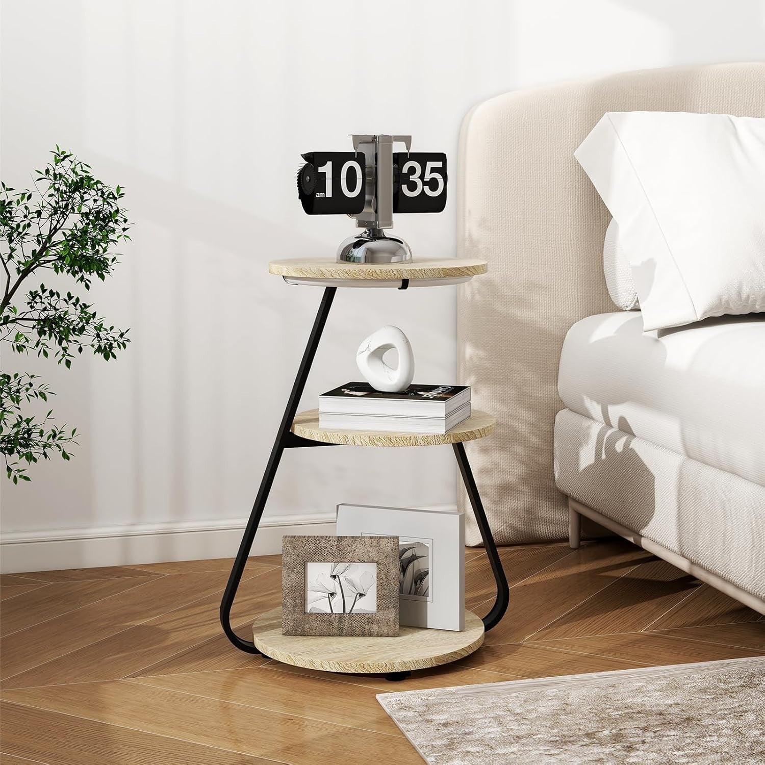 Set of 2 Oak LED Side Tables with 3-Tier Storage – Small Round Coffee Tables