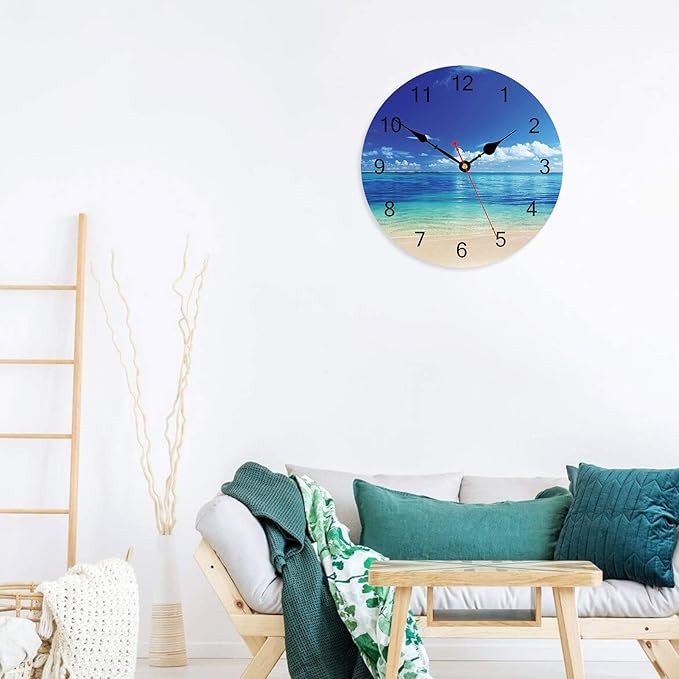 14" Beach Ocean Wall Clock Silent Sea View Coastal Blue Decorative Home Decor