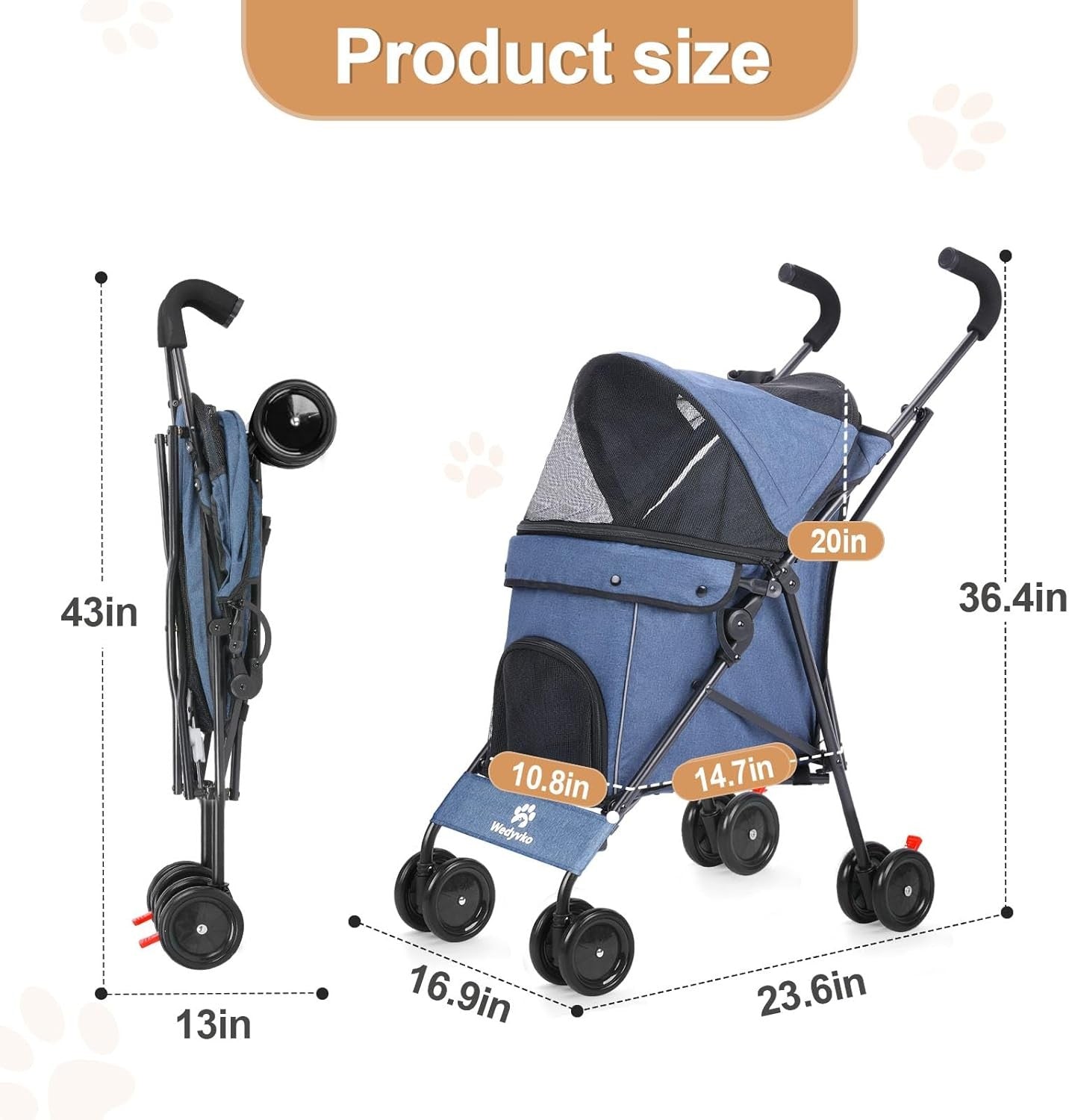 3 in 1 Pet Stroller Folding Dog Cat Pushchair 4 Wheel Travel Pram Navy